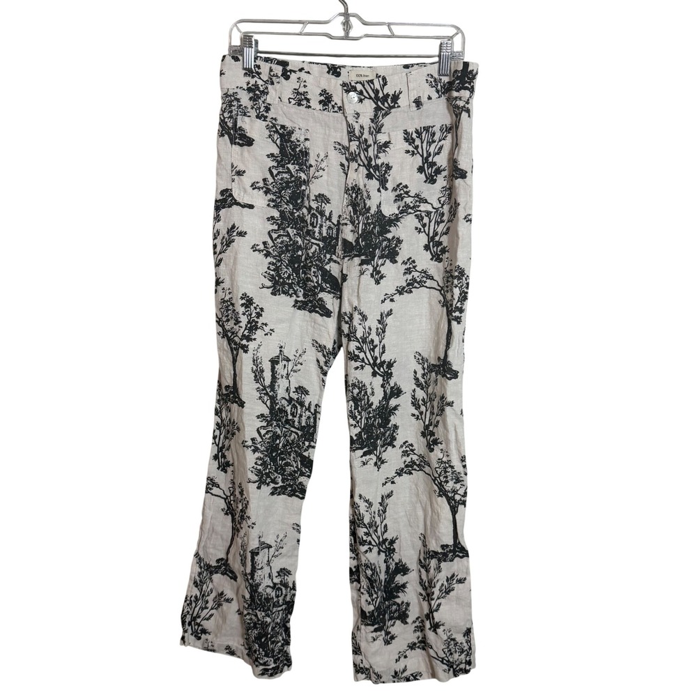 Joie 100% Linen Toile Print Pants Women 10 Black White Scenic High Rise Straight